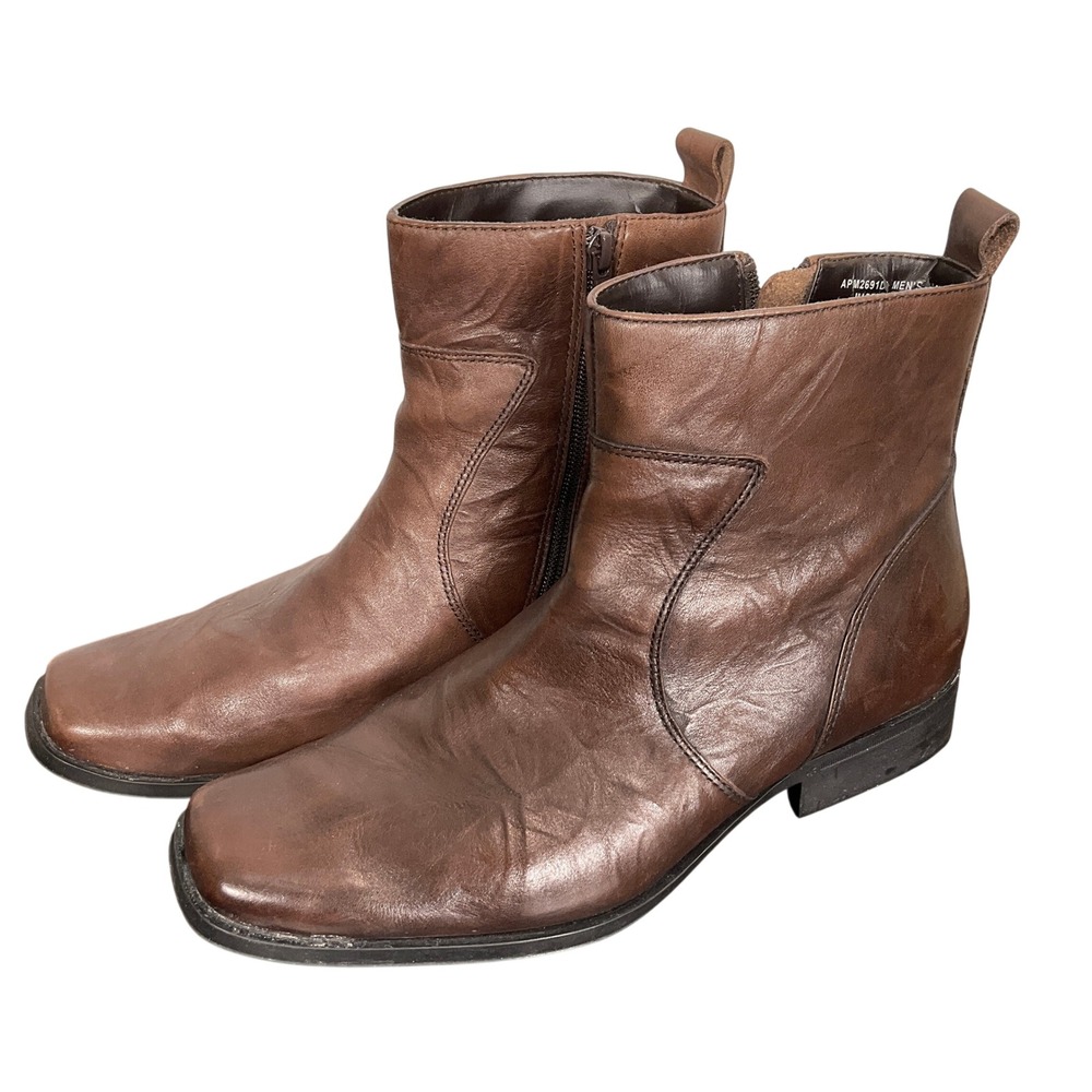Rockport Boots Men 9.5 Brown Leather Square Toe Side Zip APM2691D Dress Modern‎